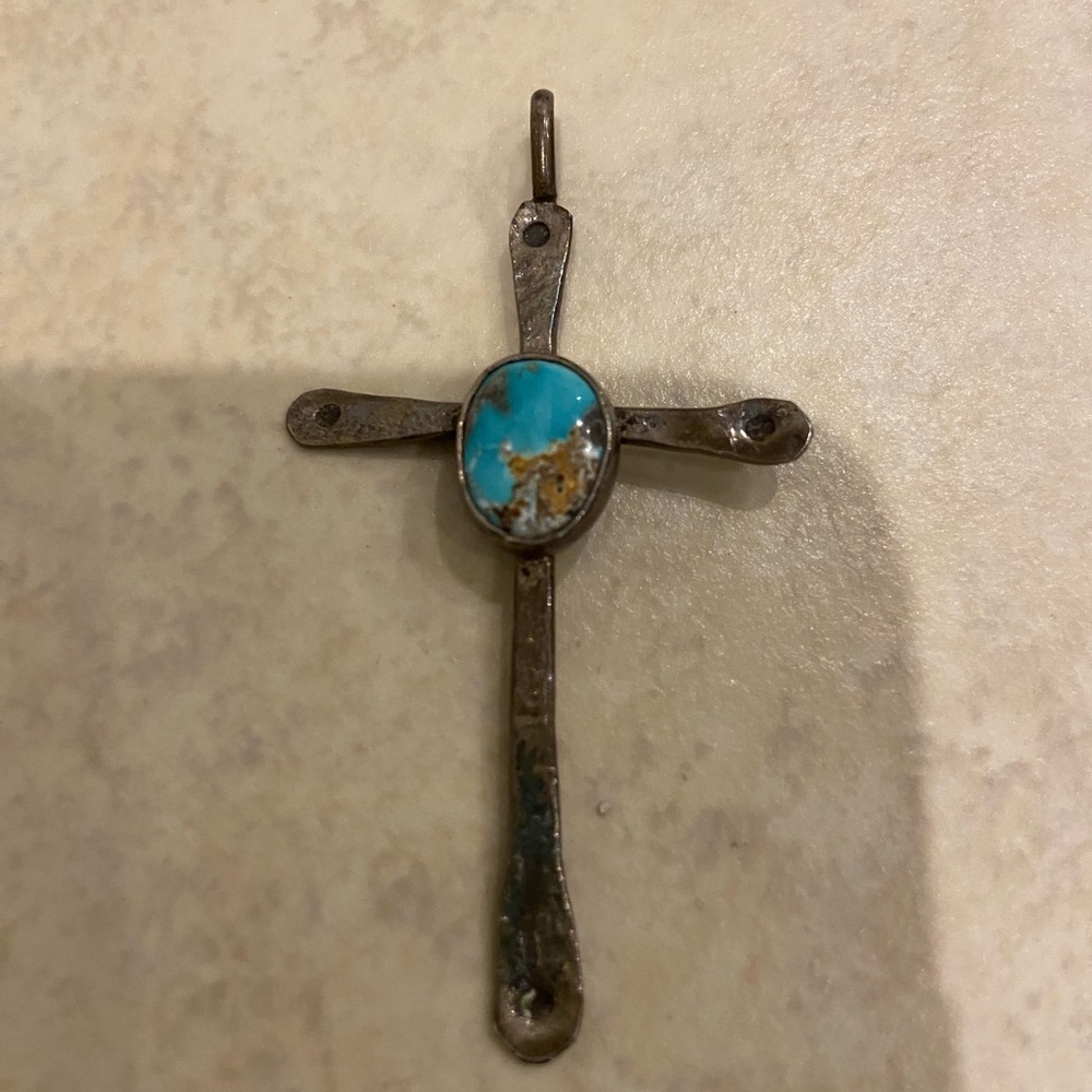 Sterling Silver Turquoise Cross Pendant Needs Polishing